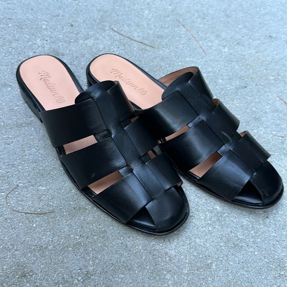 Madewell Black Leather Woven Slide Mules, Size 8